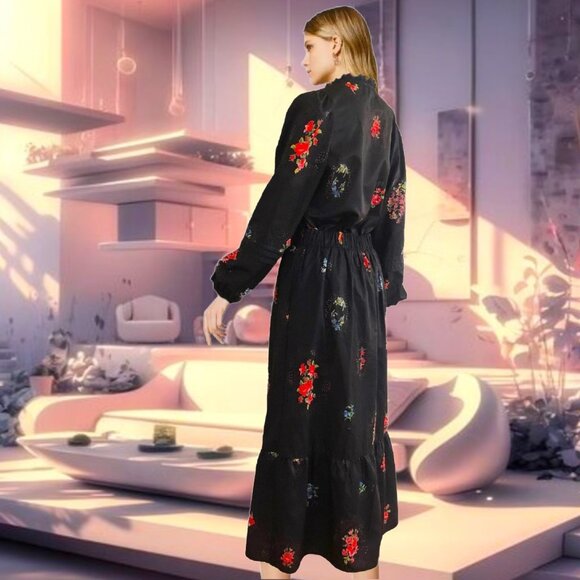 DONNA BELLA Black Floral Motifs Long Sleeve Blouse and Long Skirt Ensemble Sz M - Picture 5 of 7